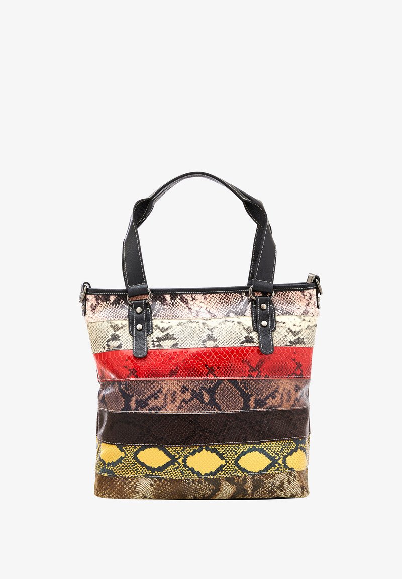 Borsa tote multicolore con stampa pitone in sezioni rosse, gialle, nere e beige. Presenta un manico in pelle nera e accenti metallici.