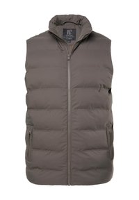 Chaleco de plumas en gris oscuro, con un cuello alto, cremallera frontal y dos bolsillos laterales. Tejido suave con patrón acolchado.