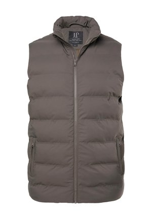 Chaleco de plumas en gris oscuro, con un cuello alto, cremallera frontal y dos bolsillos laterales. Tejido suave con patrón acolchado.