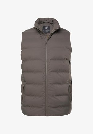 Dunkelgraue Pufferweste mit hohem Kragen, Frontreißverschluss und zwei Seitentaschen. Glattes Textil mit gesteppter Oberfläche.