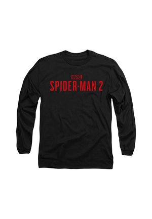 Schwarzes Langarmshirt mit rotem Marvel Spider-Man 2-Logo auf der Brust bedruckt.