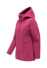 Naiste roosa kapuutsiga veekindel jope esikraega, paelaga kapuuts, küljetaskud ja vasakul varrukal logomärk.