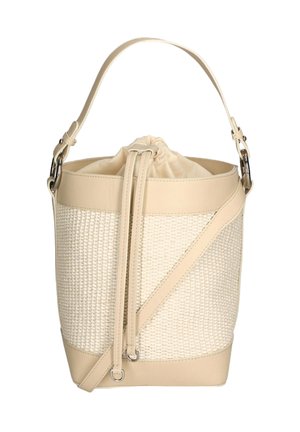 Sac seau avec une texture tissée beige et des accents en cuir lisse. Fermeture à cordon de serrage et sangle réglable pour plus de polyvalence.