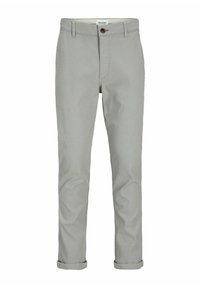 Light gray chinos made of woven cotton, featuring a button closure, rolled cuffs, and a smooth texture with subtle sheen.