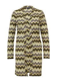 Długi sweter z dzianiny z wzorem w zygzaku w oliwkowej zieleni, kremowym i czarnym. Otwarty przód, długie rękawy i długość do połowy uda.