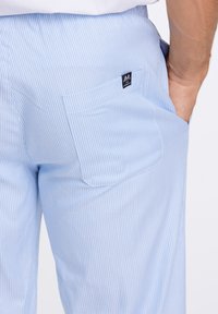 Vaaleansiniset raidalliset housut, jotka on valmistettu sileästä kankaasta. Housuissa on takatasku ja pieni musta tuotemerkki tarranauhassa.