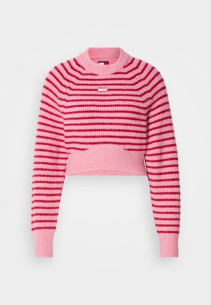 Maglione corto lavorato a maglia con strisce orizzontali rosa e rosse, collo e polsini a costine, con un piccolo etichetta logo nella parte anteriore.