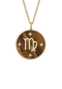 Pendente dorato con design circolare, sfondo marrone, simbolo della Vergine inciso e accenti di stelle con piccoli cristalli.
