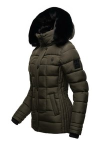 Olive-green padded jacket with a faux fur-lined hood, black ribbed cuffs, side pockets, and a logo patch on the left sleeve.