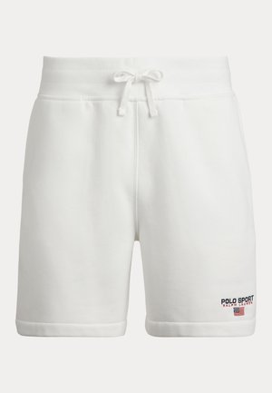 Hvite shorts i bomullsblanding med elastisk midjebånd, snøring og brodert «POLO SPORT»-logo på nederste kant.