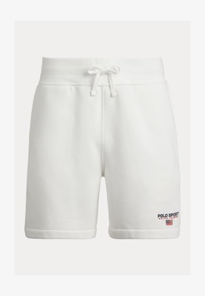 Valged puuvillasegusega lühikesed püksid, millel on elastne vöökoht, paelaga seotav nöör ja alumisel äärel tikitud "POLO SPORT" logo.