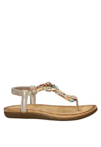 Vlakke sandaal met een gouden metalen band, decoratieve multikleurige geweven details en een comfortabele bruine voetbed.