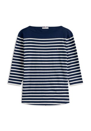 Tričko s dlhým rukávom, horizontálne modro-biele pásiky, výstrih do lodičky a malé vyšívané logo na hrudi.