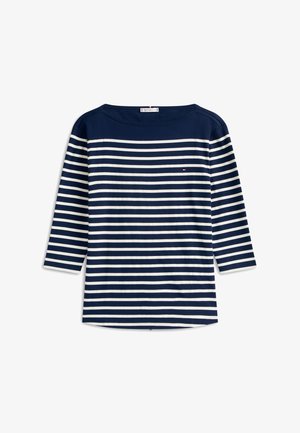 Tricou cu mâneci lungi, cu dungi orizontale bleumarin și alb, cu decolteu tip barcă și logo mic brodat pe piept.