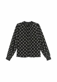 Zwarte blouse met een wit geometrisch patroon, hoge halslijn, lange mouwen en elastische manchetten. Zachte stof met een licht gestructureerde afwerking.