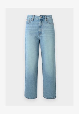 Hellblaue Jeans aus Denim mit hoher Taille, geraden, weiten Beinen, subtiler verwaschener Textur, Fünf-Taschen-Stil und Metallknopfverschluss.
