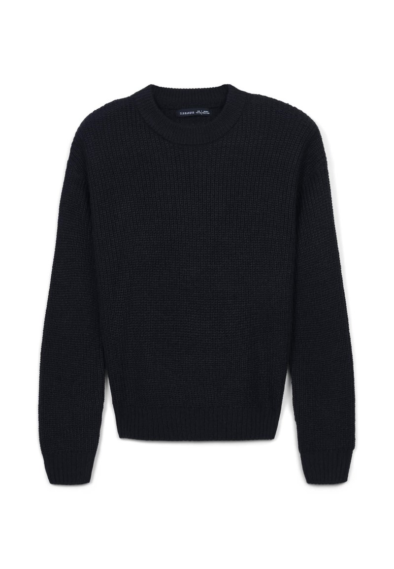 Granatowy sweter dzianinowy z okrągłym dekoltem, długimi rękawami, prążkowanymi mankietami i dołem. Posiada teksturowany wzór na całej powierzchni materiału.