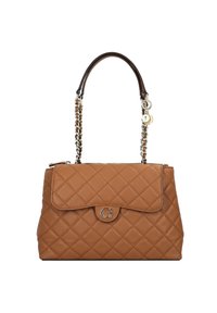 Borsa a tracolla in pelle marrone trapuntata con un logo "G" in argento sulla parte anteriore. Presenta una tracolla in catena e pelle. Design con chiusura a patta.