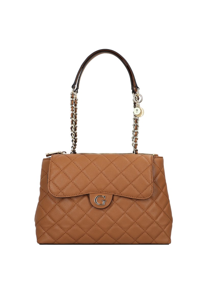 Borsa a tracolla in pelle marrone trapuntata con un logo "G" in argento sulla parte anteriore. Presenta una tracolla in catena e pelle. Design con chiusura a patta.