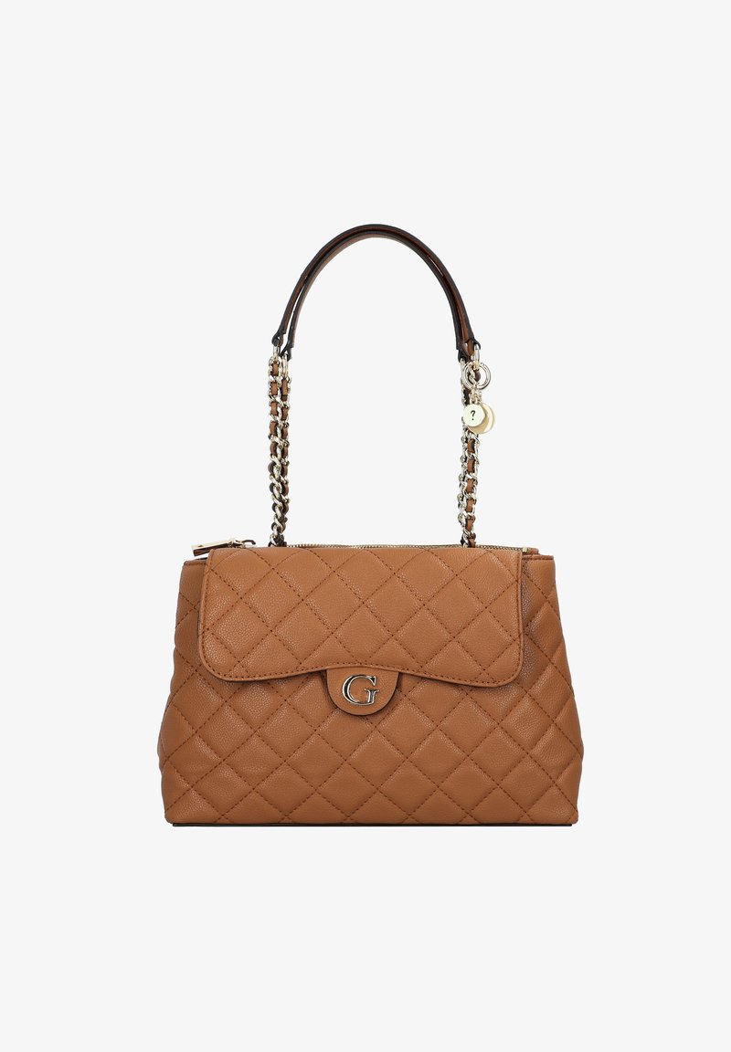 Borsa a tracolla in pelle marrone trapuntata con un logo "G" in argento sulla parte anteriore. Presenta una tracolla in catena e pelle. Design con chiusura a patta.