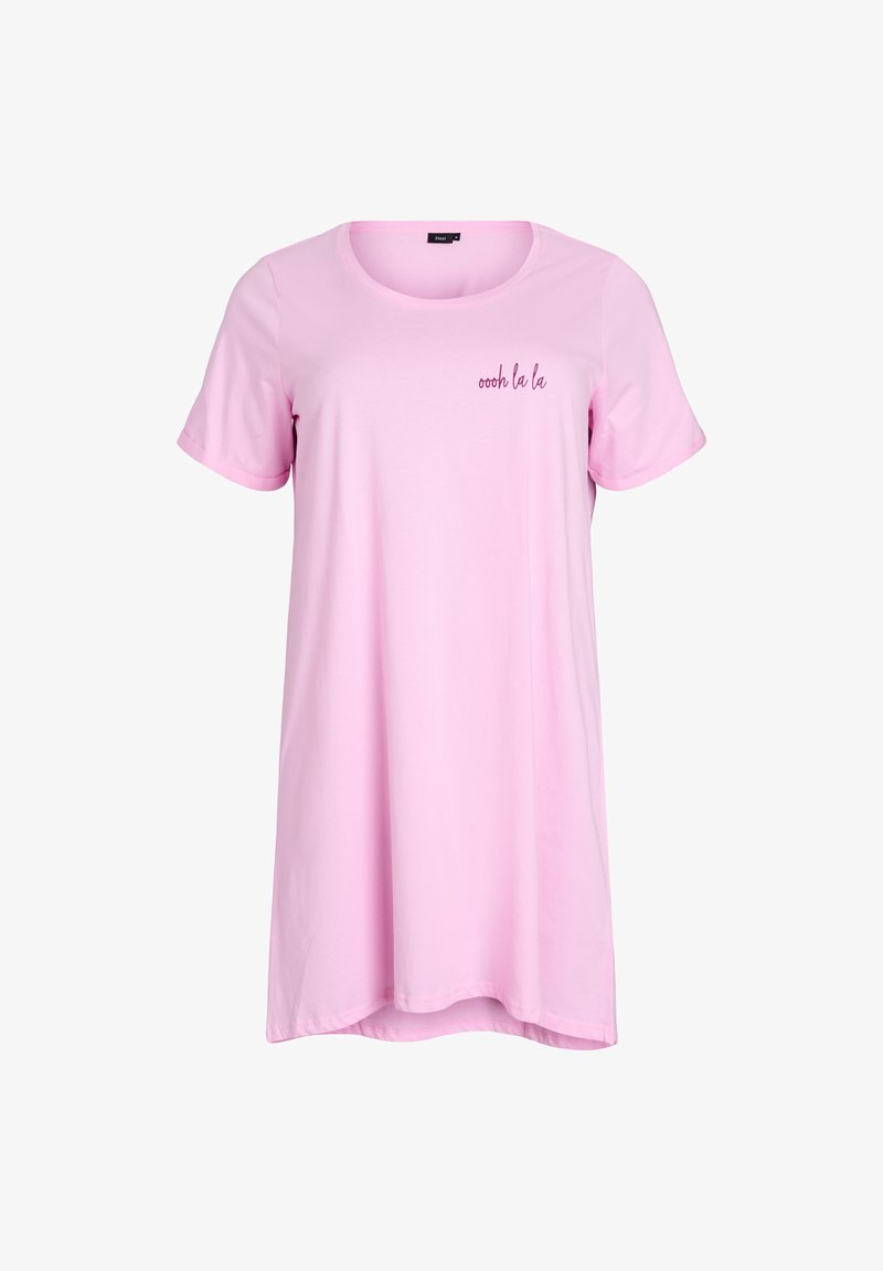 Rosa kortärmad klänning i mjukt tyg, med rund hals och en broderad "oooh la la" detalj på vänster bröst. Slät textur.