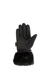 Schwarze Handschuhe mit einem Obermaterial aus Leder und einem Kunstfellbündchen. Sie verfügen über Fingerfächer und gestepptes Design für Flexibilität und Wärme.