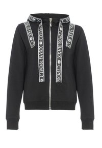 Black zip-up hoodie featuring a decorative hood trim and vertical white patterned stripes on the front. Made from a soft, textured fabric.