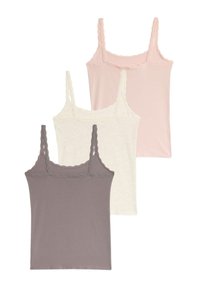 Drie tanktops in grijs, crème en lichtroze. Elke heeft dunne bandjes en een kant afwerking langs de halslijn. Zacht, rekbaar stof.