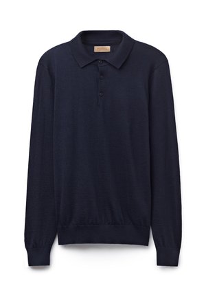 Marinblå långärmad polo skjorta gjord av mjukt tyg med klassisk krage, treknapplingsslå och ribbade manschetter och nederkant.
