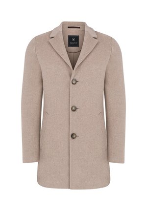 Beżowy płaszcz wełniany z kołnierzem z wycięciem, zapięciem na trzy guziki, dwoma bocznymi kieszeniami oraz gładką fakturą. Podszycie wewnętrzne i dopasowany fason.