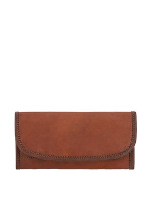 Portefeuille en cuir marron avec une fermeture à rabat, présentant des bords cousus, une texture lisse et une forme rectangulaire. Pas de matériel visible ni de motifs.