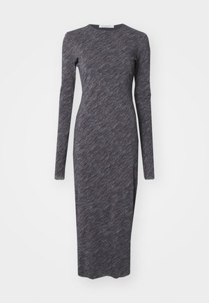 Kleid mit langen Ärmeln und Rundhalsausschnitt in dunkelgrau aus strukturiertem Stoff. Figurbetonte Silhouette, Midilänge, nahtloses Design.