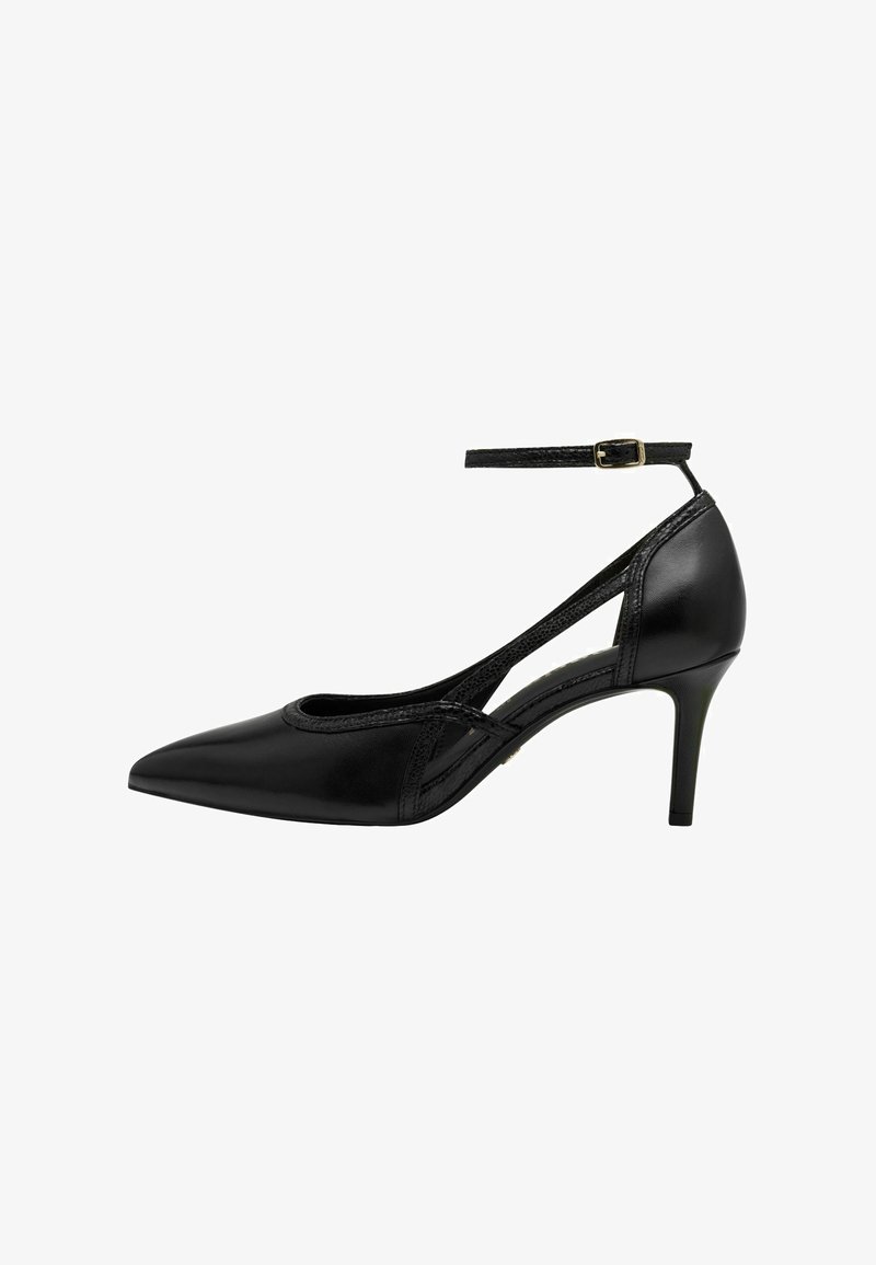 Sorte læder højhælede pumps med spids tå, ankelrem og udskæringsdesign. Glat finish med en blank overflade.