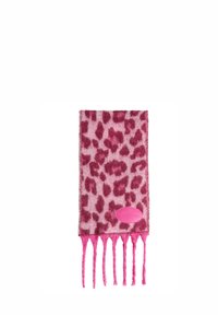 Bufanda de estampado de leopardo rosa con bordes de flecos; hecha de un tejido suave; presenta un llamativo parche de logo rosa en uno de sus extremos.