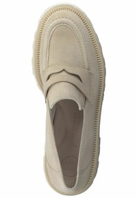 Beige nubukist valmistatud loaferid ümmarguse ninaga, dekoratiivse õmblusega pealses ja tekstuuriga kummitald. Siseosa sisaldab pehmet tallatähist.