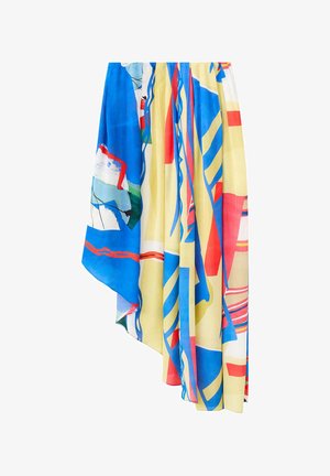 Asymetryczna spódnica z marszczonym stanem, ozdobiona abstrakcyjnymi geometrycznymi wzorami w kolorach niebieskim, żółtym, czerwonym i białym.