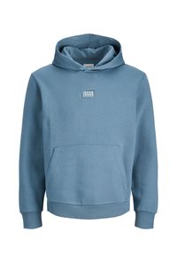 Μπλε φούτερ με κουκούλα, μπροστινή τσέπη και μικρό λευκό λογότυπο "JACK & JONES" στο κέντρο του στήθους.