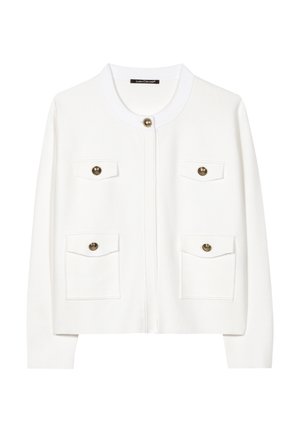 White cardigan featuring a round neck, front zip, and two chest pockets with gold-button accents; knit texture provides a soft appearance.