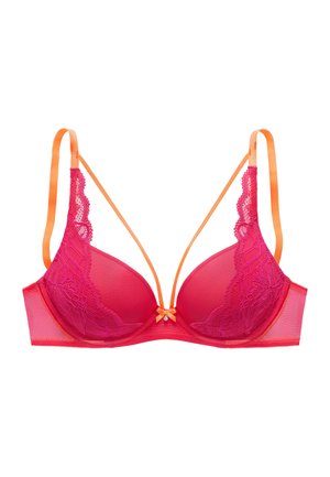 Lace-trimmed bra in vibrant fuchsia with orange straps. Features molded cups and a small bow accent at the center. Lightweight mesh fabric.
