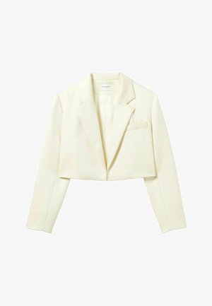Blazer recortado en color crema claro, con solapa de muesca, mangas largas, un diseño minimalista y un único bolsillo en el pecho.