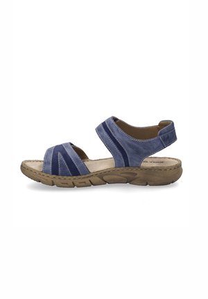 Blaue Leder-Sandale mit doppelten Riemen, gepolstertem Fußbett und strukturiertem Gummisohle. Verfügt über gestickte Akzente und ein offenes Zehendesign.