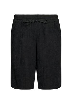 Sorte shorts til knæet med elastisk linning og snøre, med et subtilt tekstureret stofmønster.