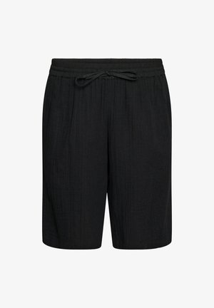 Sorte shorts til knæet med elastisk linning og snøre, med et subtilt tekstureret stofmønster.
