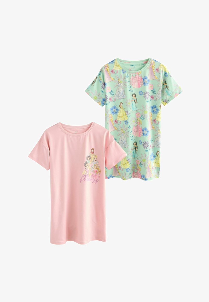 Twee korte mouwen kinderhemden, één roze met prinsessenillustraties en tekst, één mintgroen bedekt met kleurrijke prinsessen- en bloemenpatronen.