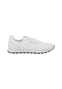 Sneaker in pelle bianca con tomaia testurizzata, linguetta imbottita e suola in gomma nera con motivo di battistrada. Chiusura con lacci e dettaglio del marchio.