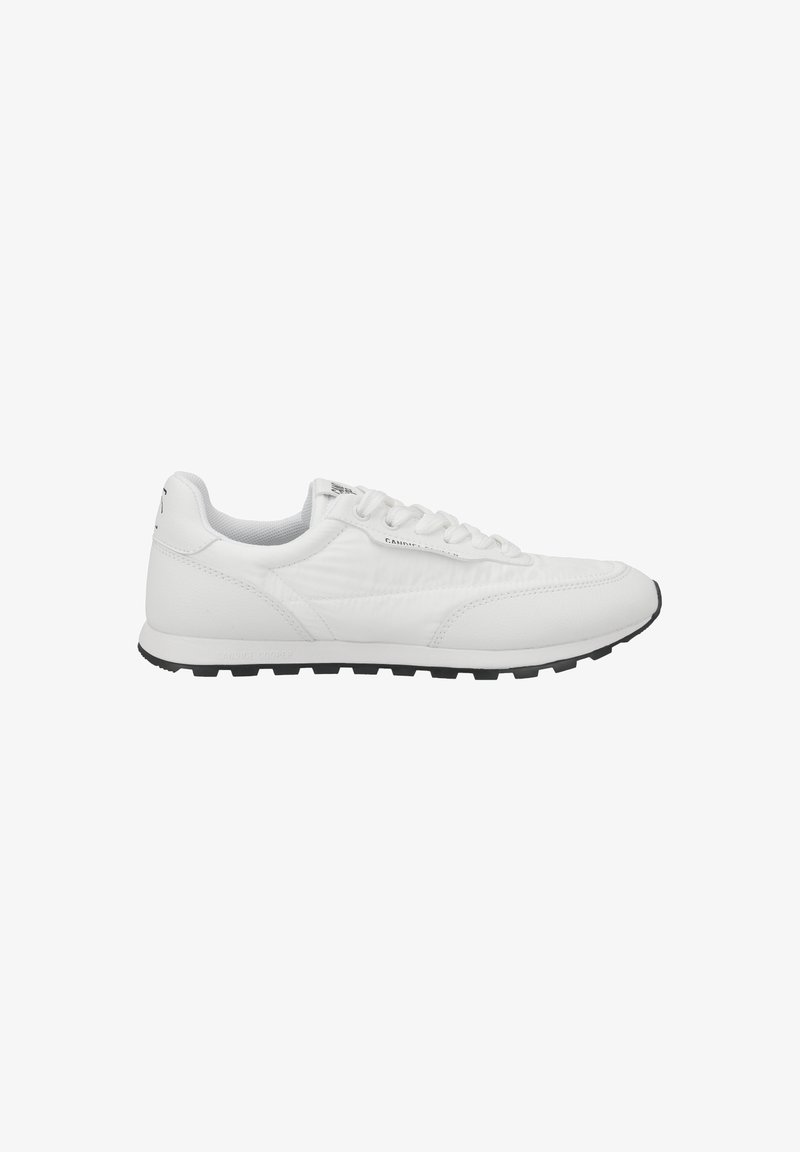 White leather sneaker featuring a textured upper, padded tongue, and black rubber outsole with a tread pattern. Lace-up closure with branding detail.