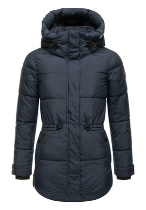 Temno moder prešani puffer plašč z visokim ovratnikom, vrvico na pasu in rebrastimi manšeti. Ima stranske žepe in gladko teksturo tkanine.