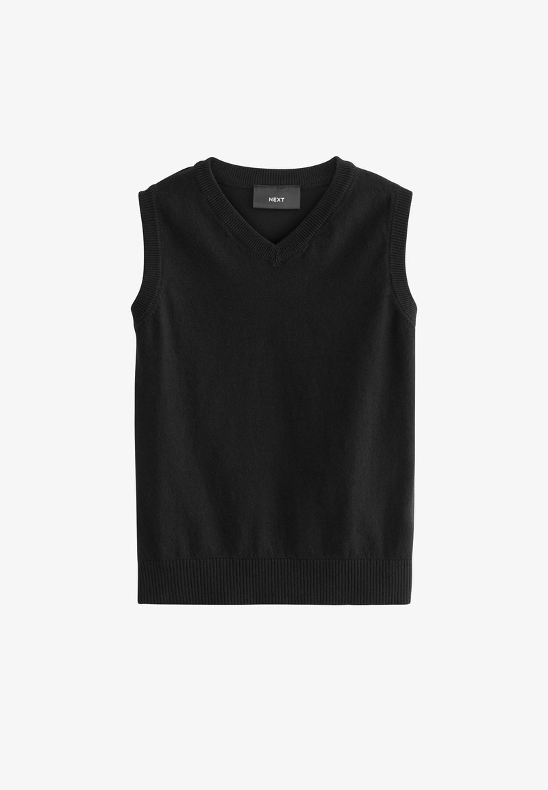 Gilet noir sans manches en tricot avec col en V et bords côtelés, posé à plat sur un fond blanc.