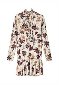 Langarm-Blumenkleid mit Stehkragen, das einen cremefarbenen Hintergrund, bordeauxrote und orangefarbene Blumen sowie ein gerafftes Vorderteil aufweist.