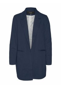 Mörkblå blazer med slagkrage, långa ärmar, framfickor och randig foder. Tillverkad av ett slätt material med en rak silhuett.